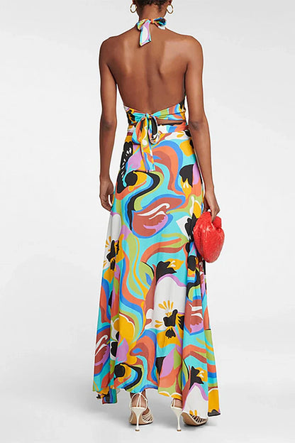 Conjunto de traje de baño sexy con estampado de cuello halter en V profundo