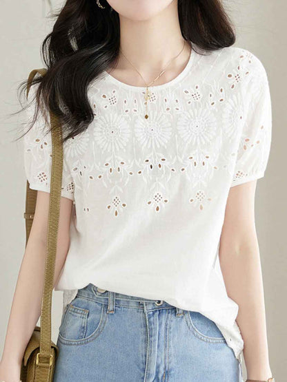 Mya Classic Crew Neck Embroidered Hollowed Top