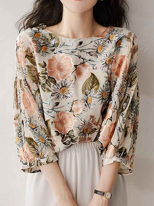 Mia Loose Crew Neck Puff Sleeve Printed Top