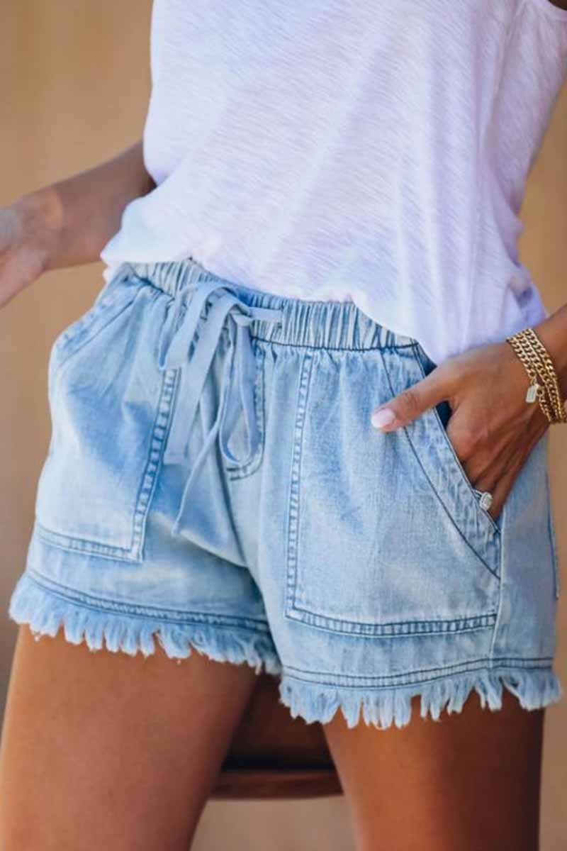 Lace-up Fringed Thin Denim Shorts