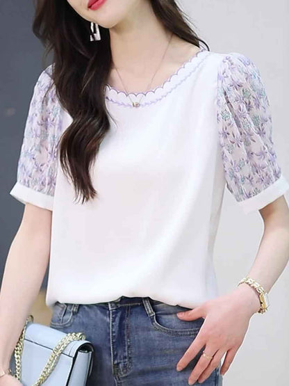 Maya Classic Crew Neck Floral Embroidered Chiffon Top