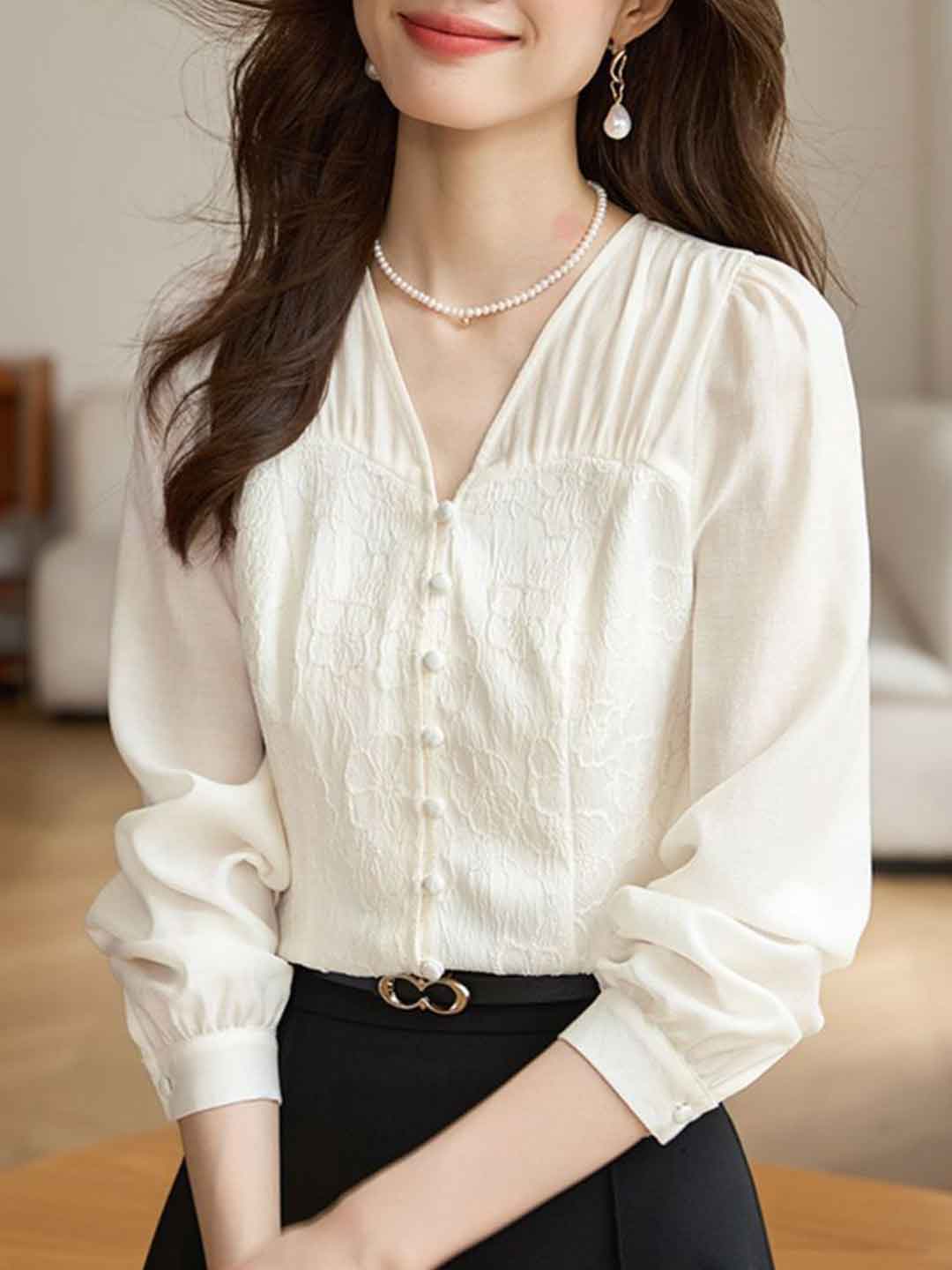 Mariah Classic V-Neck Jacquard Chiffon Shirt