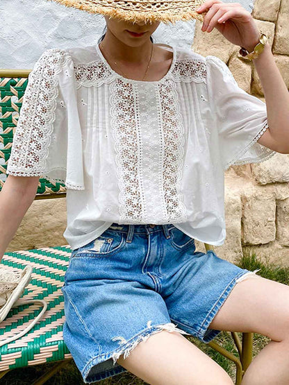 Zoe Loose Crew Neck Flare Sleeve Embroidered Top