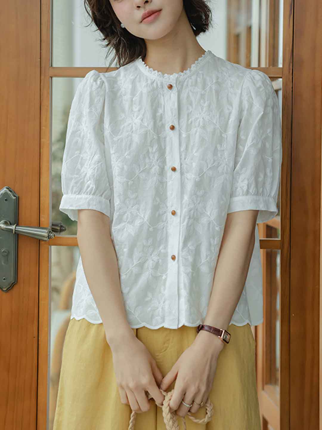 Mya Vacation Crew Neck Lace Trim Embroidered Top