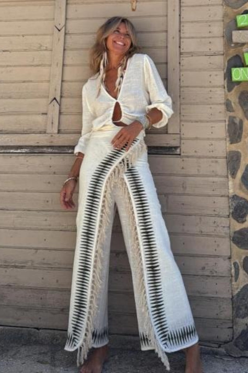 Conjunto de pantalón con flecos negros en contraste Elar