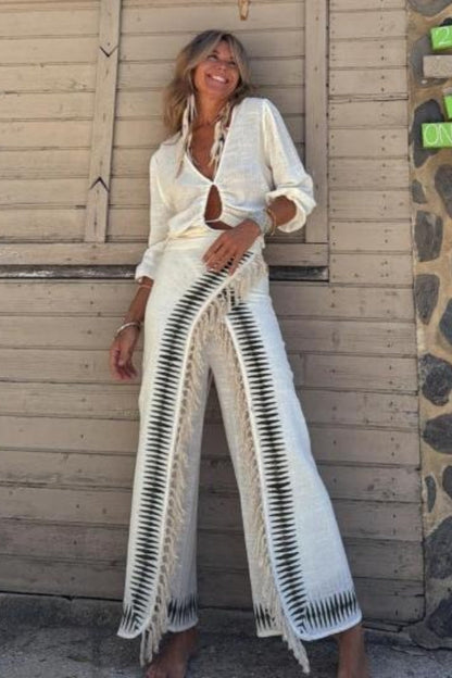 Conjunto de pantalón con flecos negros en contraste Elar