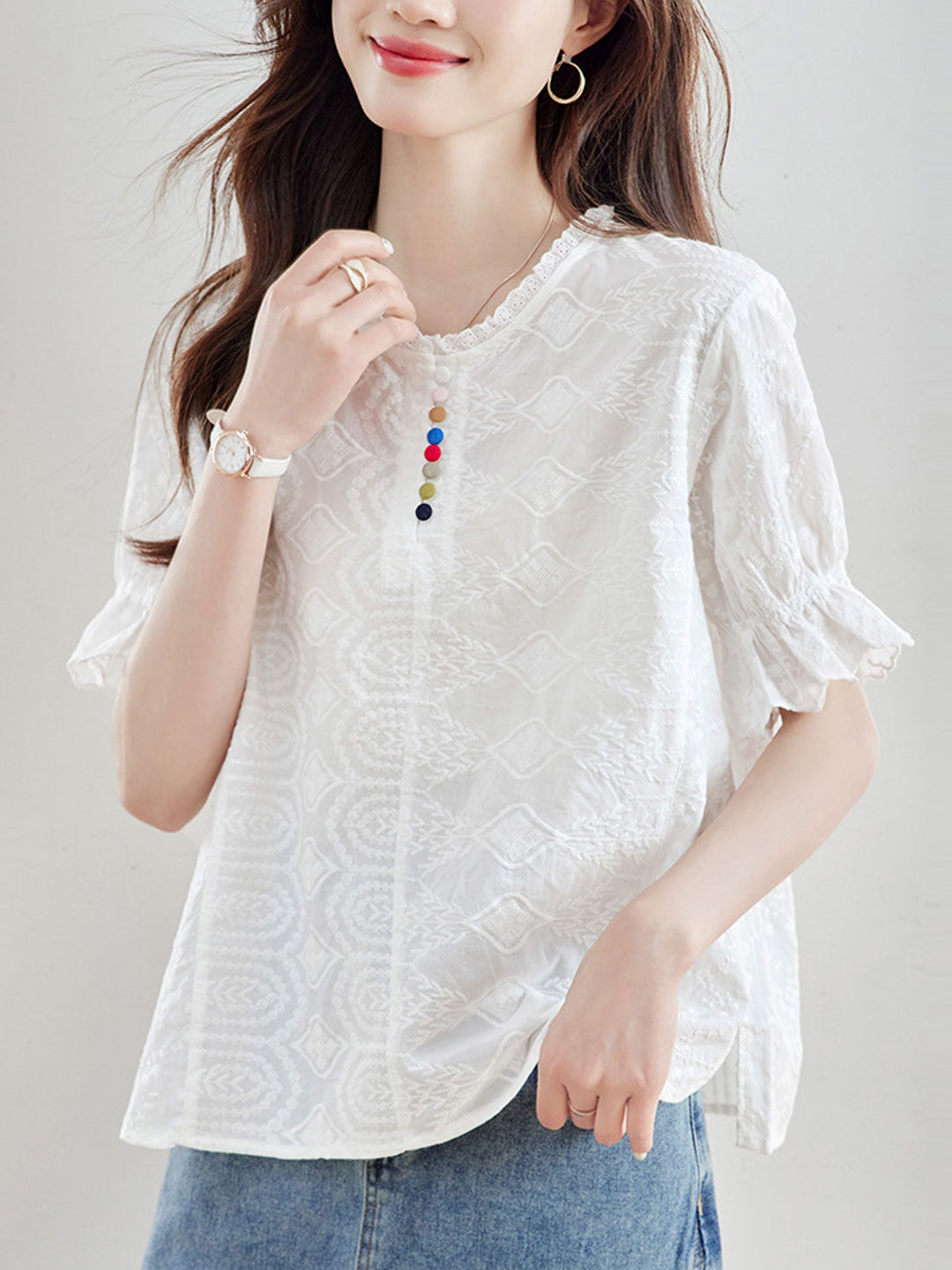 Khloe Loose Crew Neck Ruffle Sleeve Embroidered Top