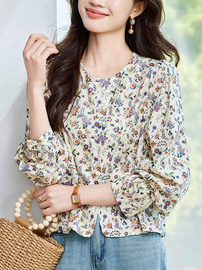 Trinity Loose Crew Neck Puff Sleeve Floral Blouse