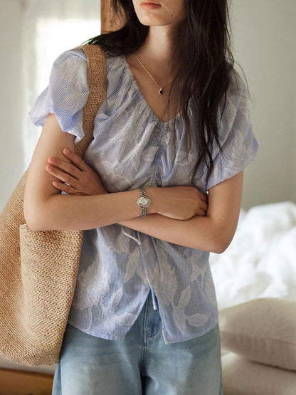 Katelyn Retro V-Neck Puff Sleeve Striped Top