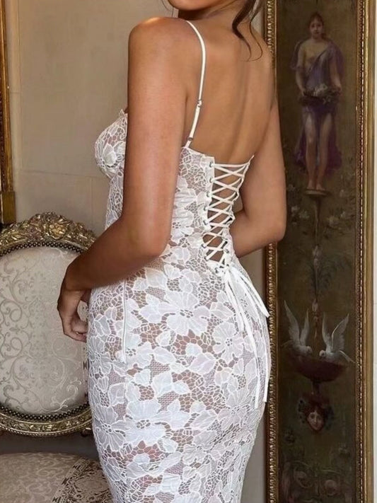 Lace See-through Strappy Slit Maxi Dresses