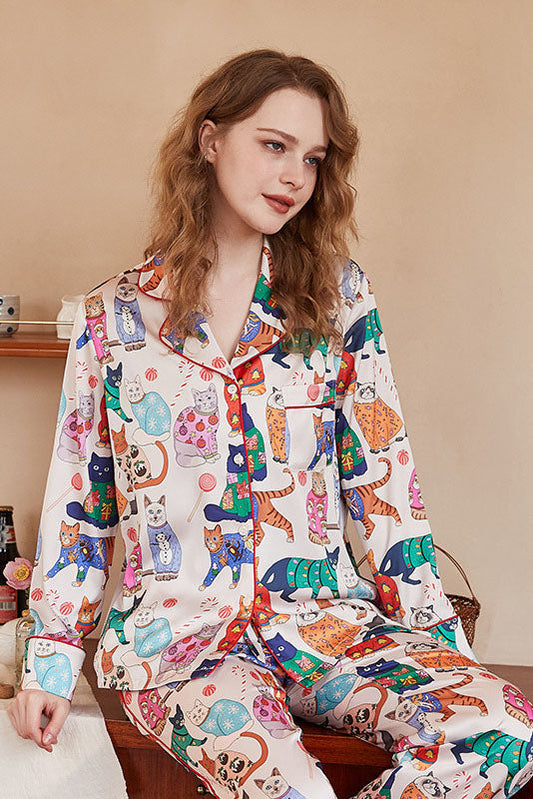 Conjunto de pijama de manga larga de seda helada con estampado de gato
