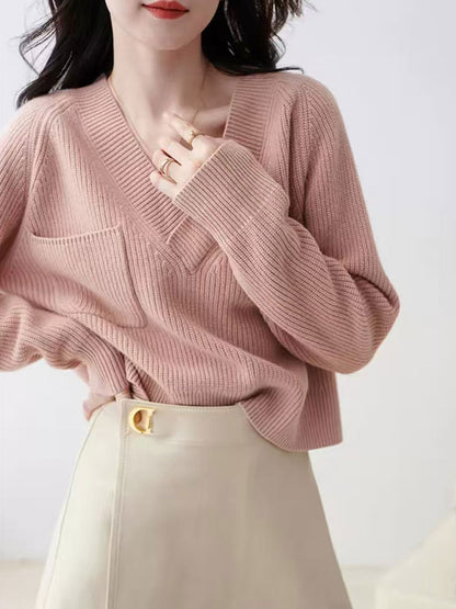 Maria Loose V-Neck Solid Color Knitted Top