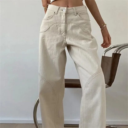 Women's Casual Low Waist Beige Wide Leg Flared Trousers | Great for Casual Days