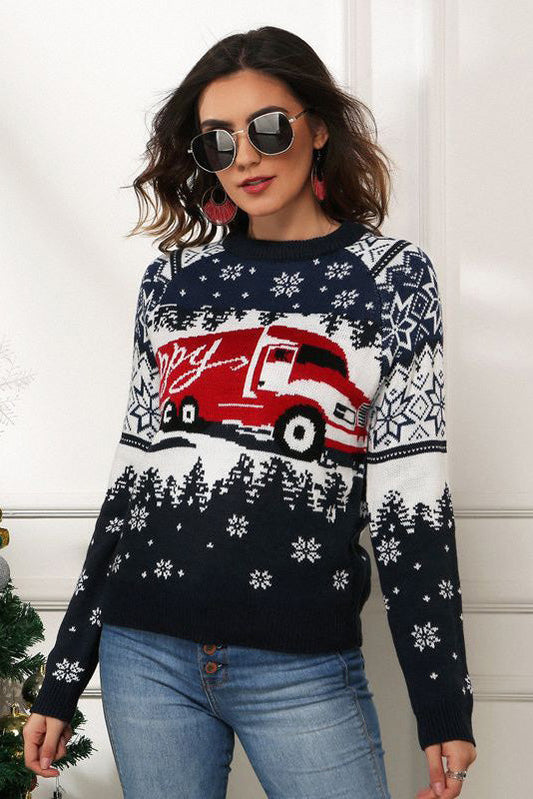 Suéter navideño con estampado de copos de nieve y camiones