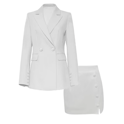 Conjunto elegante de blazer blanco abotonado y falda para mujer | Ideal para cualquier temporada