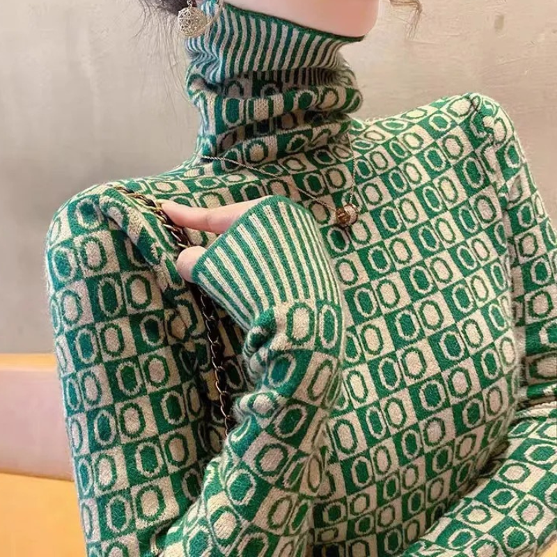 Jersey de cuello alto de jacquard, elegante y ajustado para mujer | Ideal para otoño/invierno