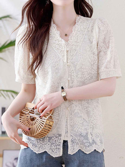 Kylie Elegant V-Neck Crochet Lace Blouse