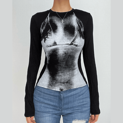 Long sleeve contrast body print crewneck top  | Festival Outfits Women
