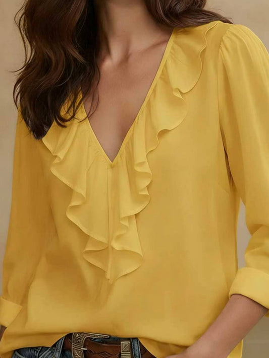 V-neck Pleated Ruffle Chiffon Blouse