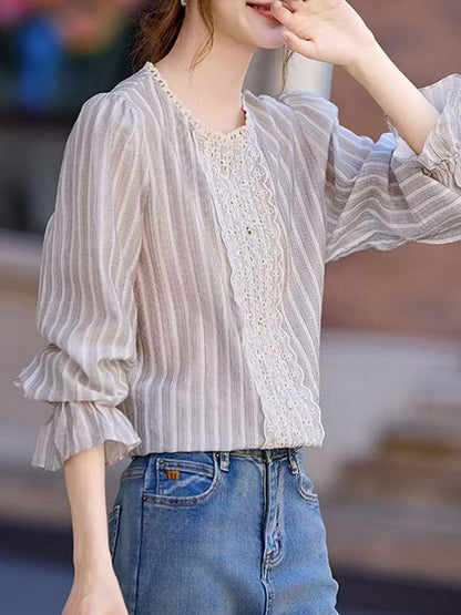 Jessica Vintage Mesh Embroidered Striped Lace Shirt