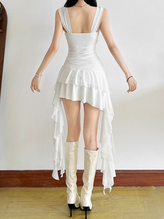 3D Flower Decoration Irregular Ruffles Pleated Mini&Short Dresses