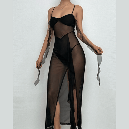 Sweetheart neck ruffle high slit sheer mesh cami midi dress  | Festival Outfits Women