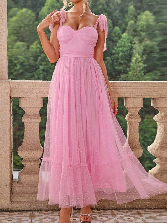 Polka Dots Strapless Shoulder Strap Mesh Splicing Sweet Maxi Dresses
