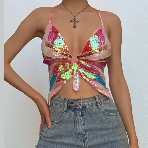 Deep V neck glitter cross back self tie cami top  | Festival Outfits Women