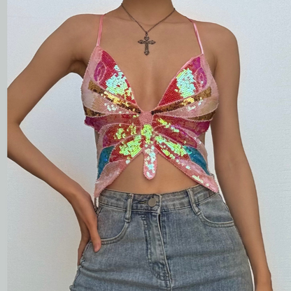 Deep V neck glitter cross back self tie cami top  | Festival Outfits Women