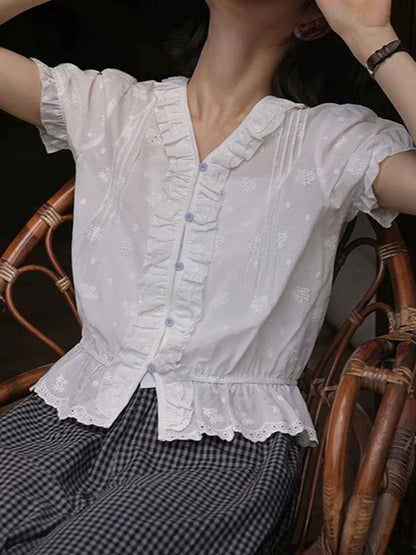 Molly Retro V-Neck Embroidered Blouse