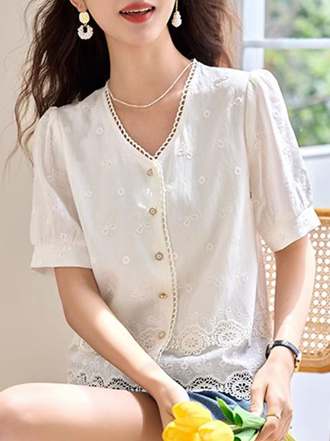 Maya Loose V-Neck Hollowed Lace Top
