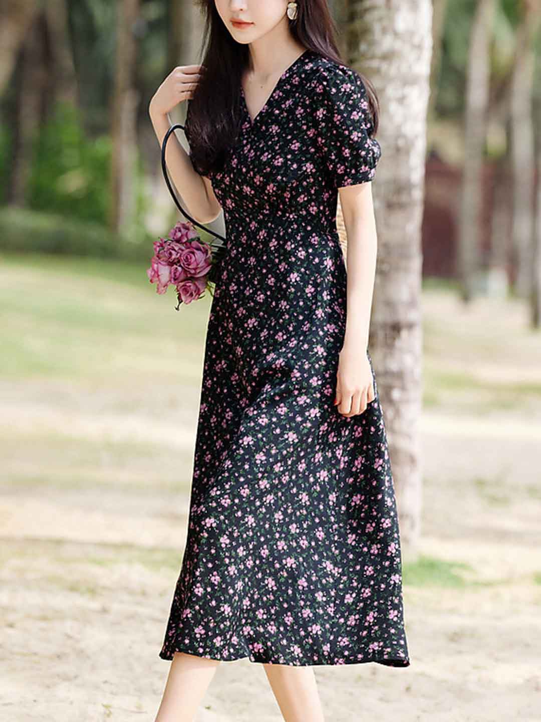 Jasmine Elegant V-neck Floral Printed Dress