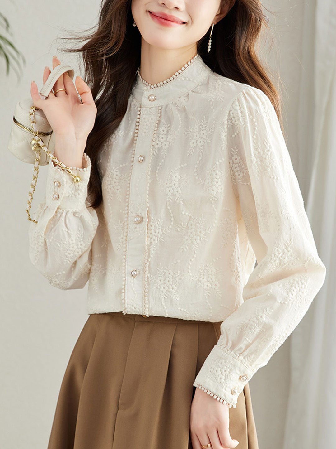 Mariah Retro Pearl Buttons Embroidered Top