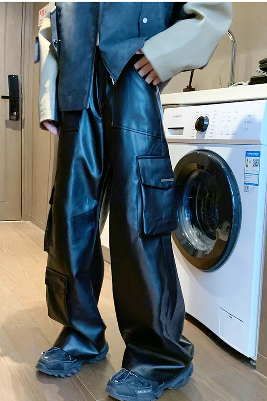 Elastic Waist Loose Cargo Multi Pockets Leather Pants