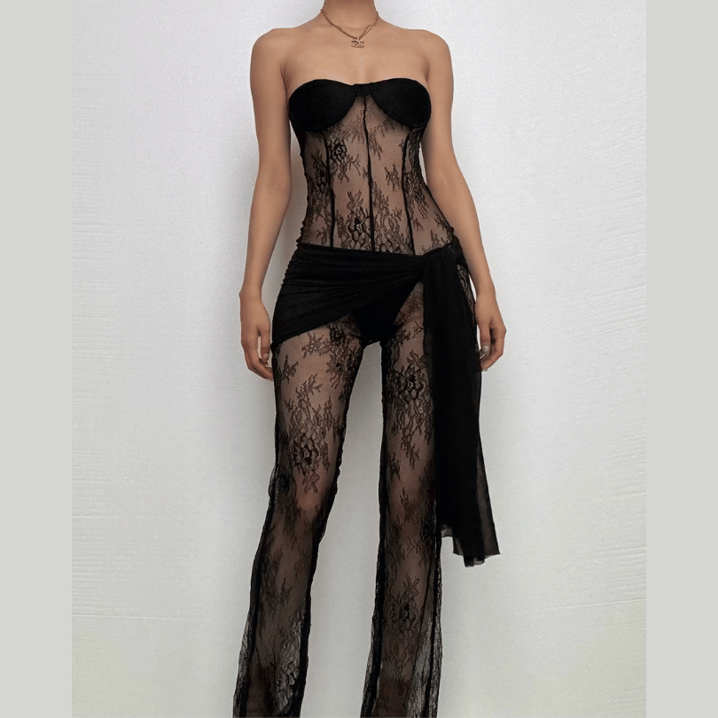 Lace see through solid self tie irregular backless tube jumpsuit  | Festival Outfits Women