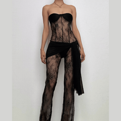 Lace see through solid self tie irregular backless tube jumpsuit  | Festival Outfits Women