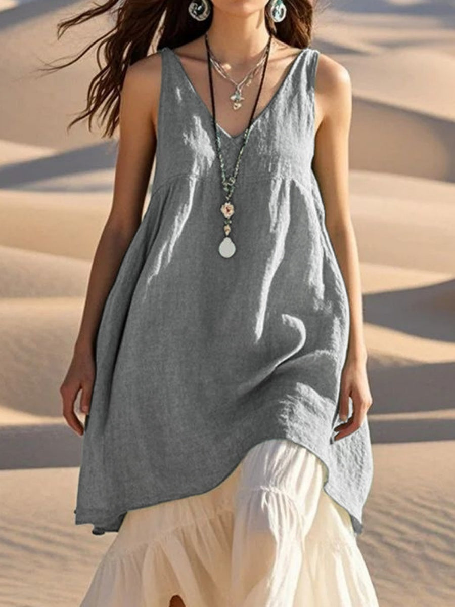 Casual Loose Sleeveless Cotton Linen Solid Color V-neck Long Dress