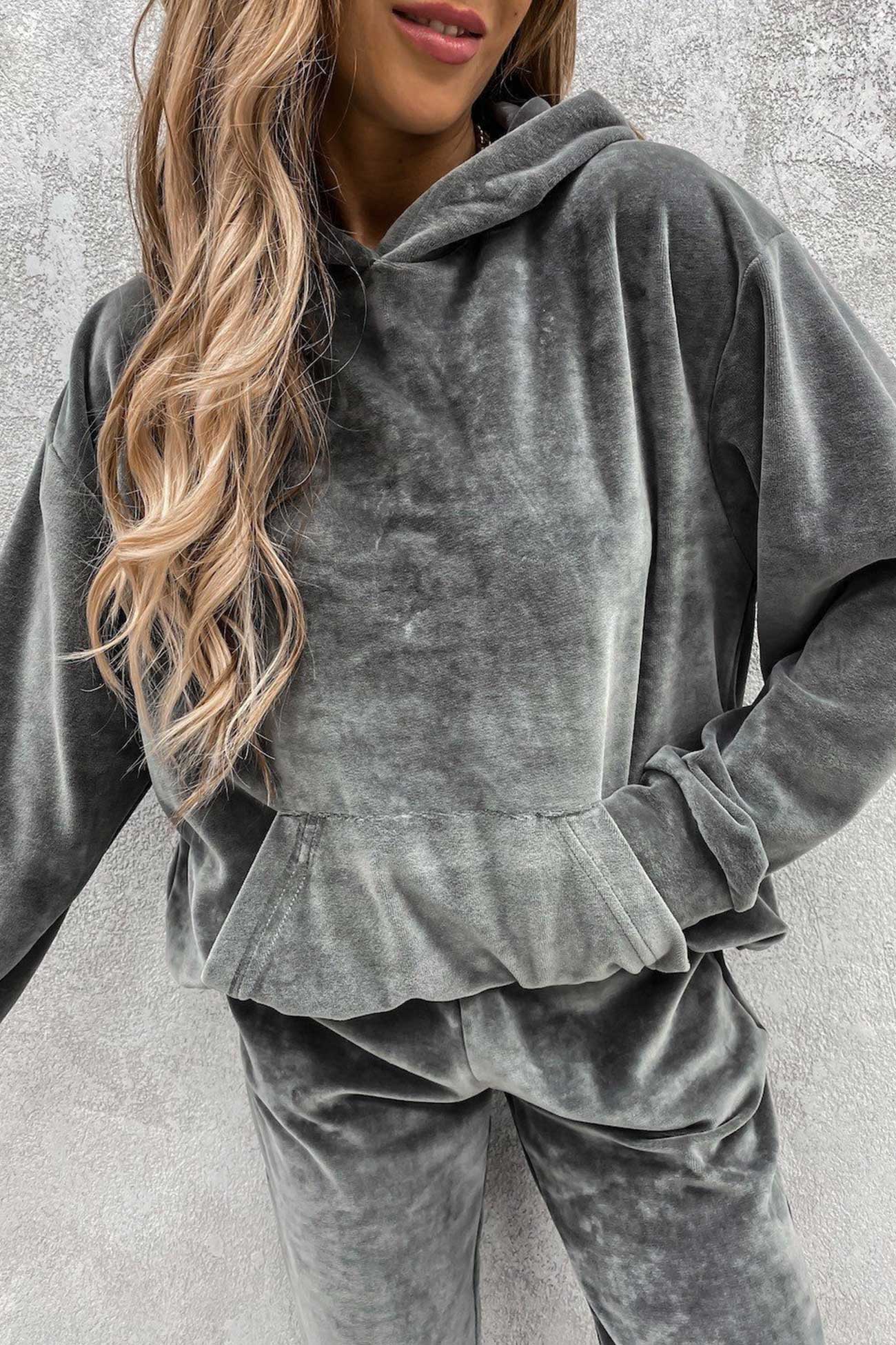 Velour Solid Color Hoodie Long Pants Set