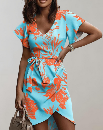 Vestido clásico de verano para mujer con escote en V, estampado vegetal y cinturón | Ideal para primavera/verano