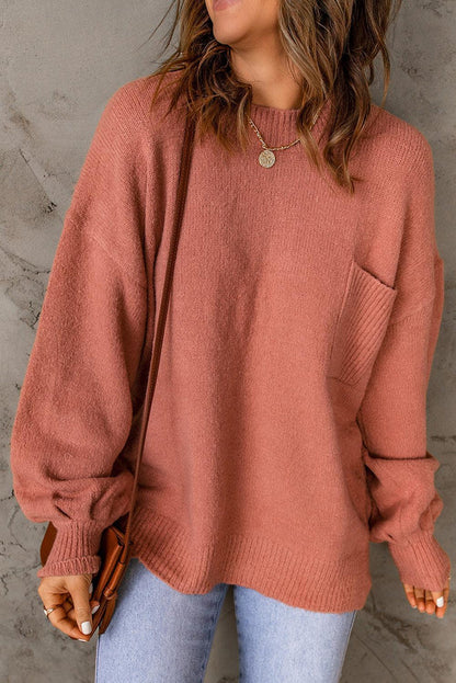 Jersey de punto rosa extragrande con cuello redondo y bolsillo para mujer | Ideal para otoño/invierno