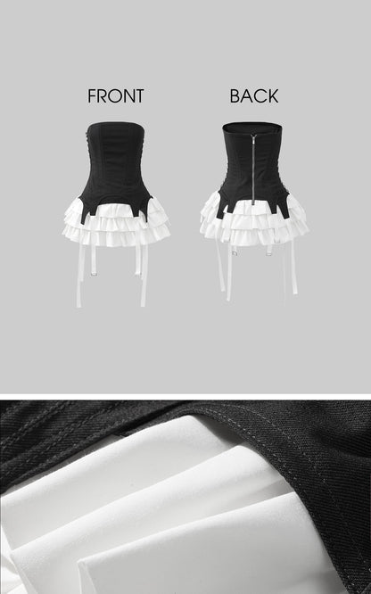 Corset Dress with Tiered Pleated Hem and Side Lace-Up Detail