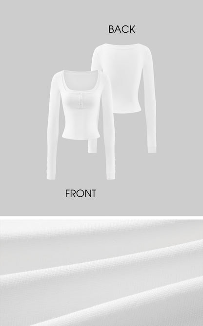Layered Effect Long Sleeve Top Square Neck Button Detail Tee