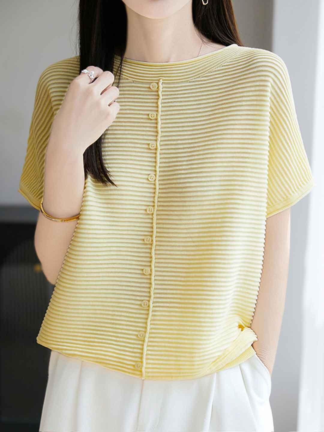 Khloe Classic Crew Neck Striped Solid Color Knitted Top