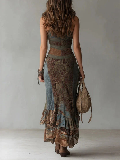 Retro Patchwork Print Asymmetrical High Slit Maxi Dress