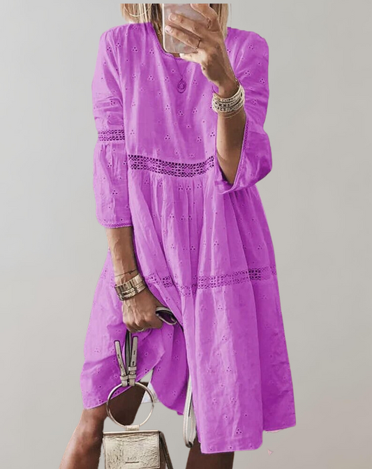 Vestido clásico midi de cuello redondo con ojales para mujer | Ideal para primavera/verano