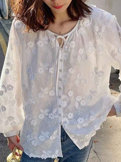 Mariah Chic Solid Color Lace Embroidered Shirt