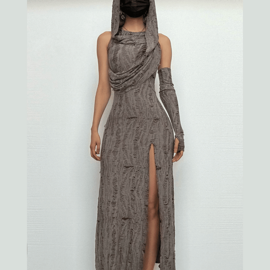 Hoodie ruched ruffle slit maxi dress  | Festival Outfits Women