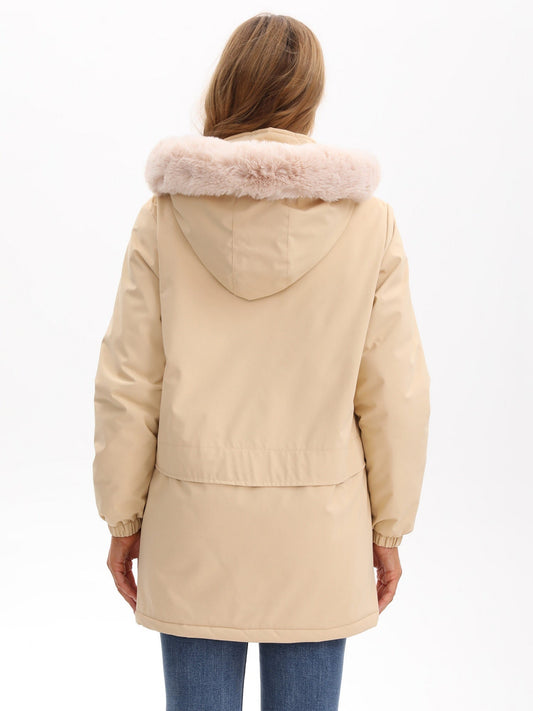With Fur Collar Hooded For Warmth Drawstring Pocket Down Jacket