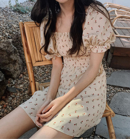 Square Collar Floral Chiffon Dress