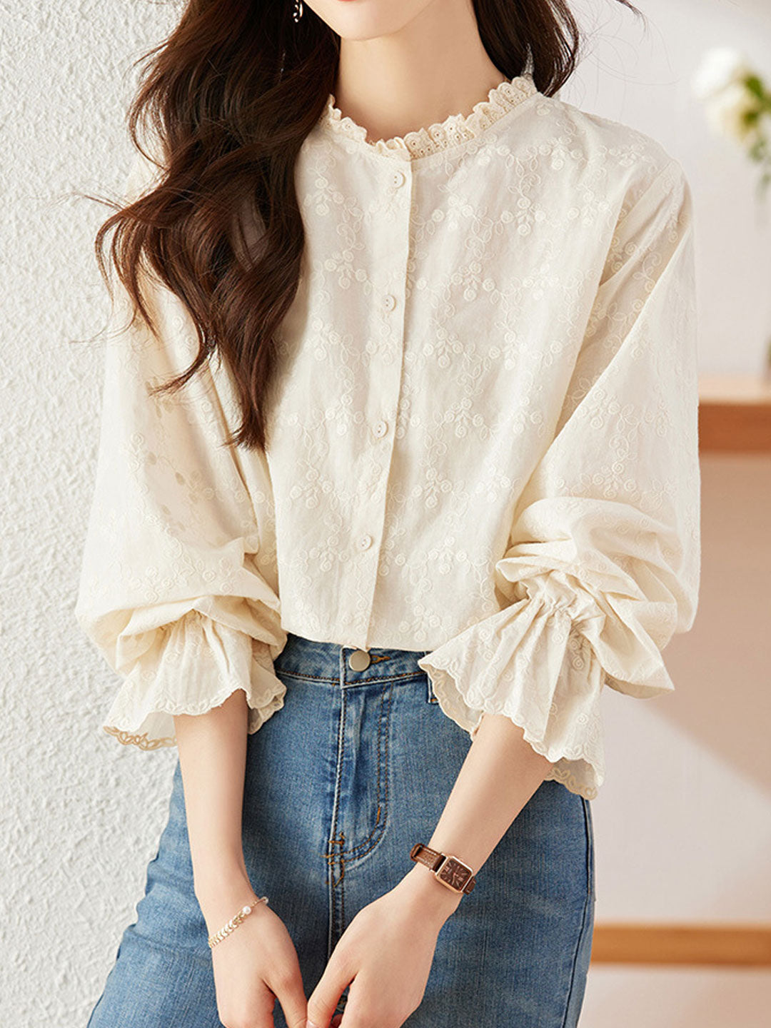 Molly Retro Flare Sleeve Lace Embroidered Shirt